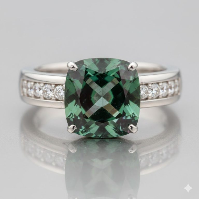 anillo alejandrita Anillo de oro blanco con alejandrita redonda en engaste biselado; destellos verdes y púrpuras bajo la luz, bivalencia cromática